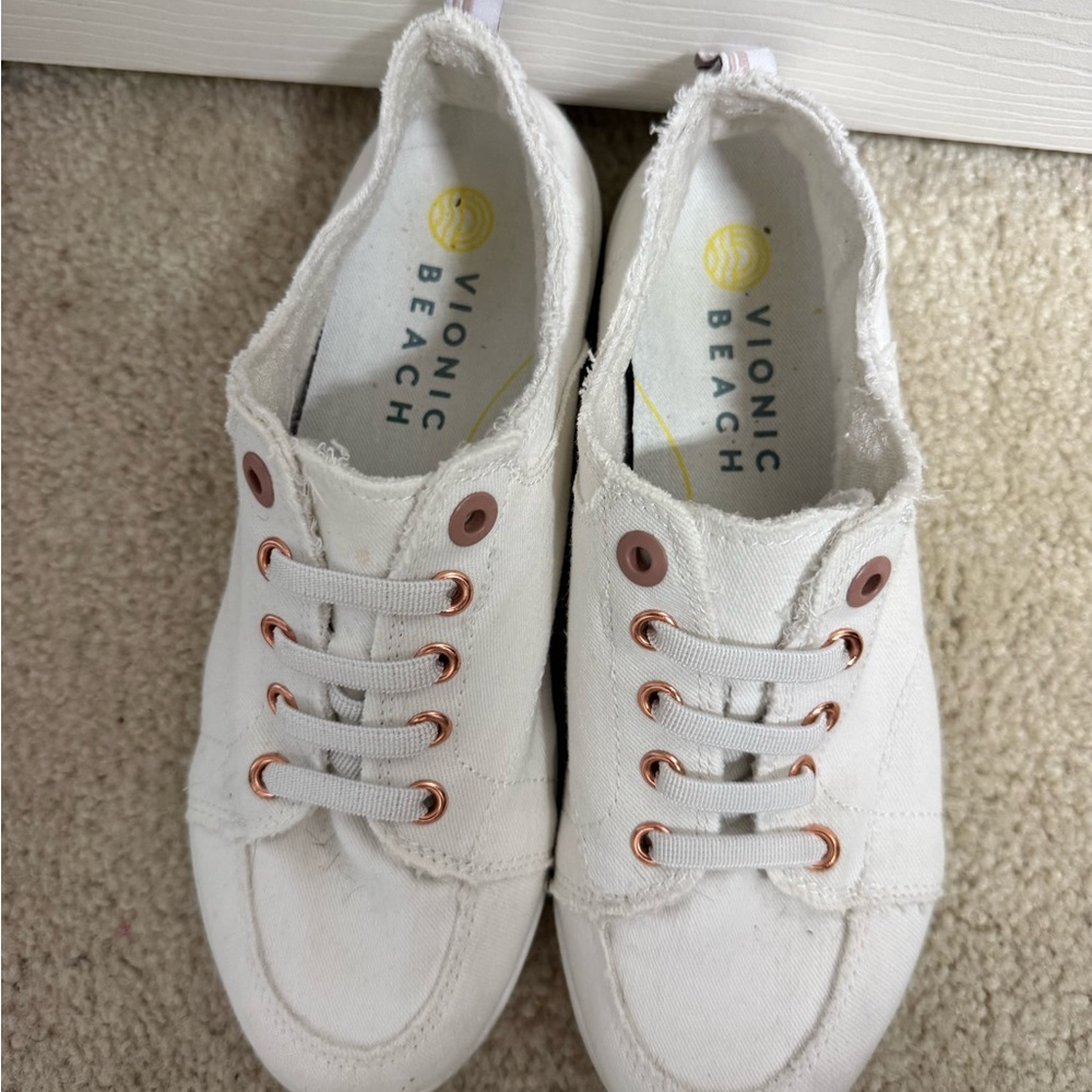 Vionic White Canvas Slip-On Sneakers with Rose Gold Eyelets
